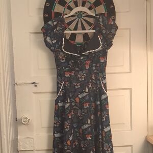Unique Vintage Dark Patterned Midi Dress with White Accents